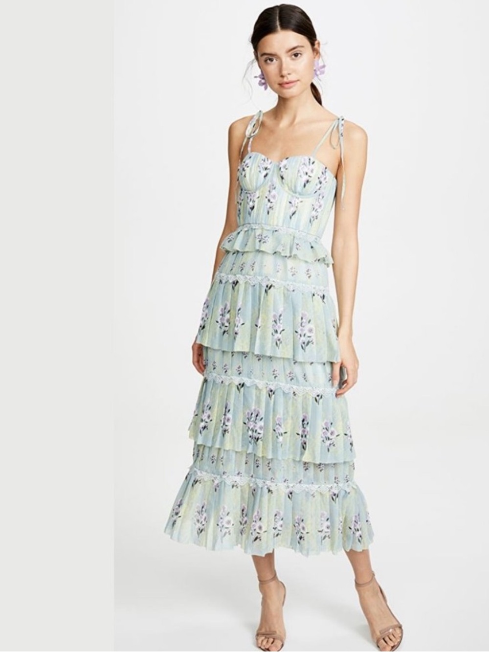 Self Portrait Tiered Midi Dress Floral Lace Printed Chiffon Mint Pastel 8 $495 - Picture 2 of 13